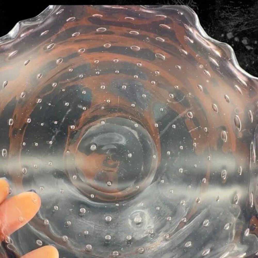 Hand Blown Art‎ Glass Dish Bowl Ruffled Edges Purple Amethyst Glass Bullicante